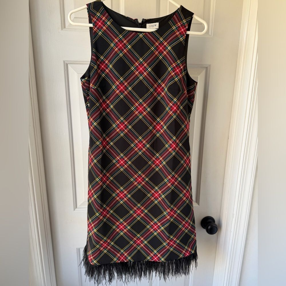 NWT J. Crew Red and Green Plaid Dress w/ Feather Trim Size 2